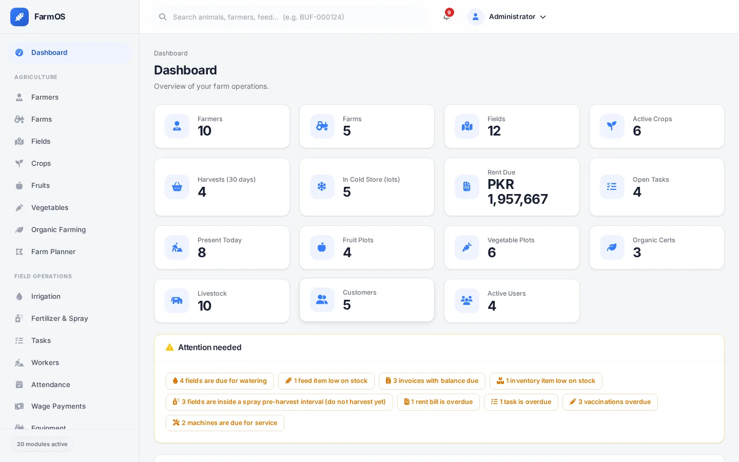 FarmOS dashboard with cards, alerts and widgets for each module