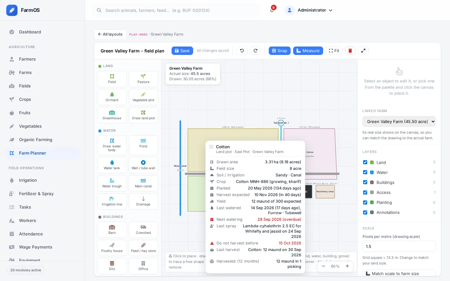 Farm planner with the hover card for a cotton field