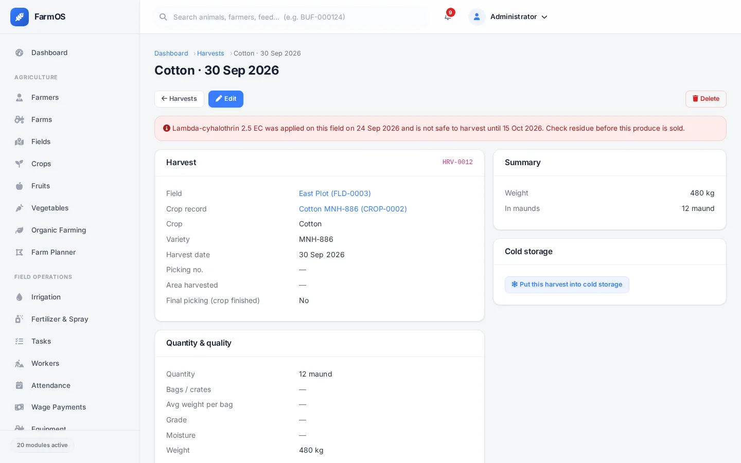A harvest picking with grade, sale value and net